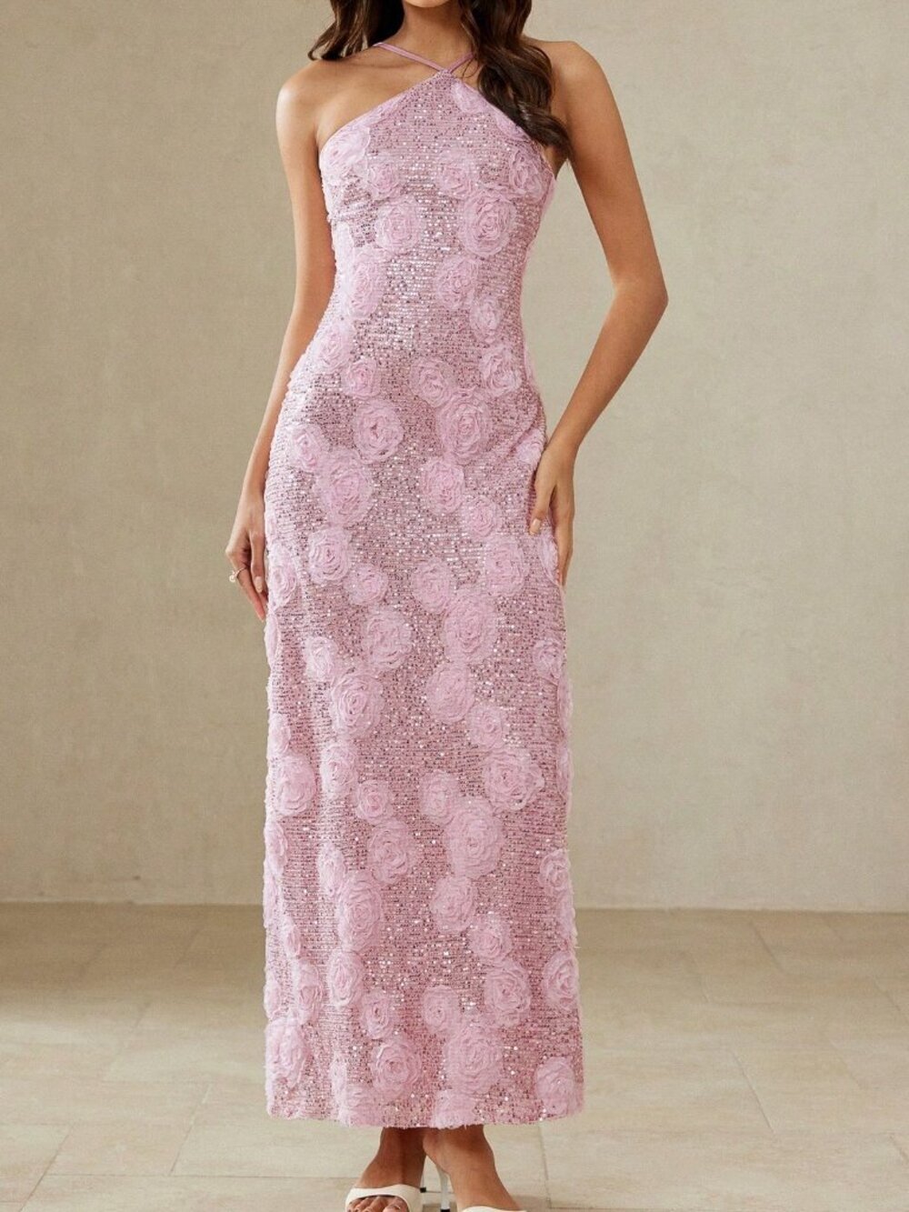 Pink Elegant Women's Shimmering Sequin Mesh Layered Cut-Out Halter Maxi Dress